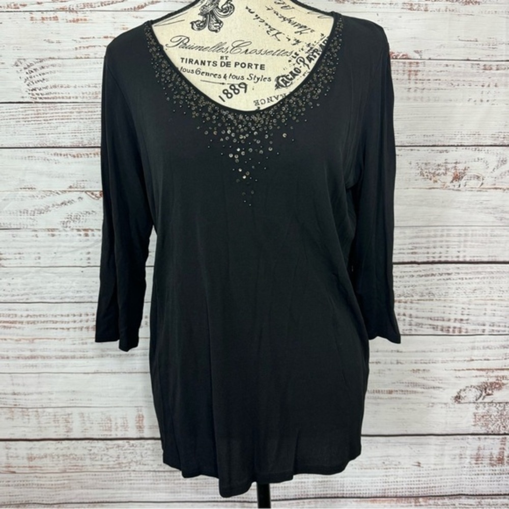 Eileen Fisher black half sleeve beaded 100%Silk medium scoop neck popover blouse